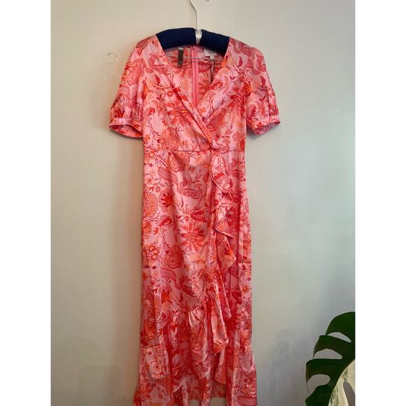 Cinq à Sept faux-wrap-front bodice ruffled hem dress Kay satin midi-dress size 4 - Picture 10 of 10